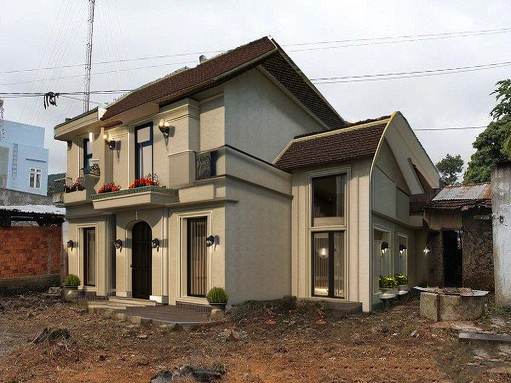 Modern townhouse, combining neoclassical style, street, car running in front of the house, (LoGo:1.5 not appearing), Modern Style, Extremely detailed image, masterpiece, surreal, rendered by vray 2023, 8k rendering, White walls, aluminum glass doors and windows, large yard covered with ceramic tiles, Natural light, cloudy, daytime a few clusters of beautiful small flower pots 8K