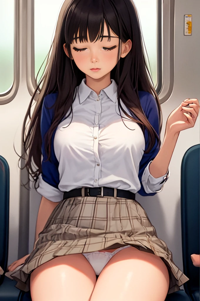beautiful detailed illustration,amazing art,(((Extremely detailed))),
sitting 1girl,bangs,female high-school student,sleeping,Closed eyes,WHITE panties,skirt,
cowboy shot,from FRONT
,(((Extremely detailed))),On the train, a young woman is sleeping contentedly. Through the gap between her legs and skirt, her panties can be seen. As the vehicle rocks, her peaceful expression and gentle breathing create a calming atmosphere
,(((Extremely detailed)))