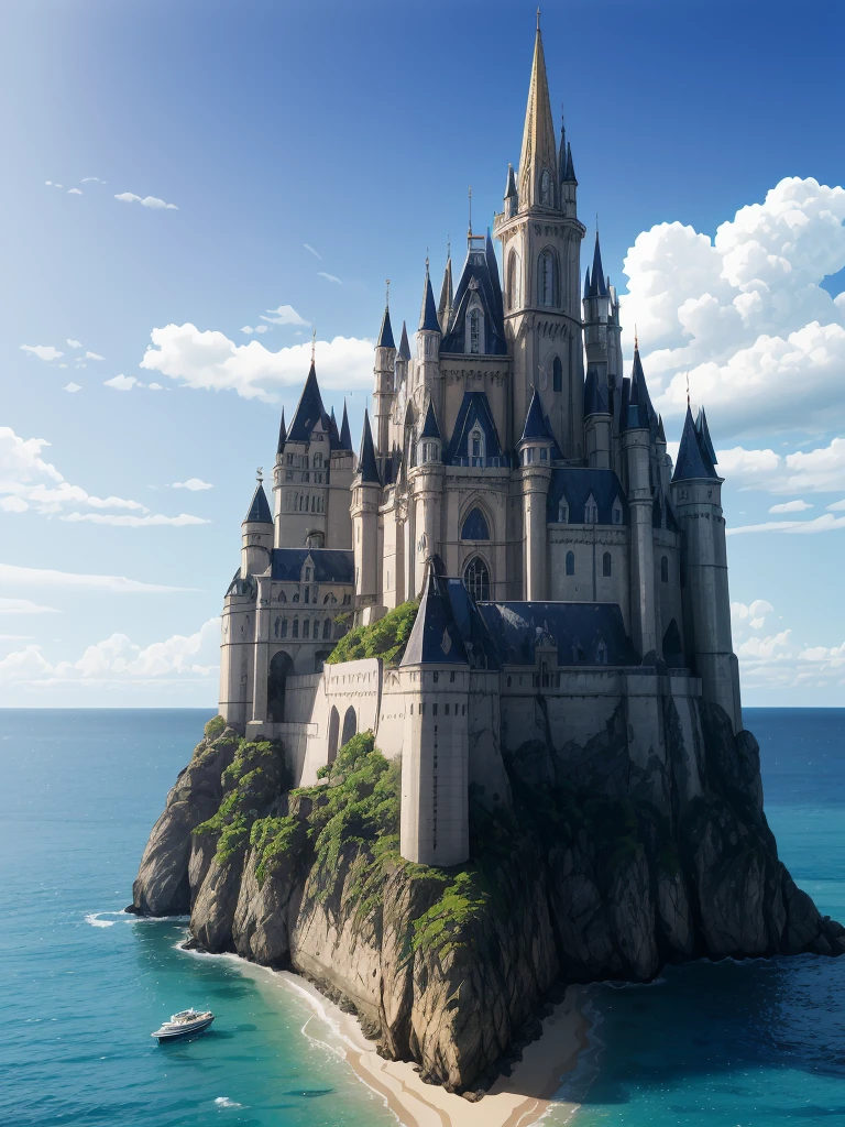 （（（masterpiece、Highest image quality、highest quality、highly detailed unity 8ｋwallpaper）））、（（A castle on a lonely island））、（Ocean）、Dock