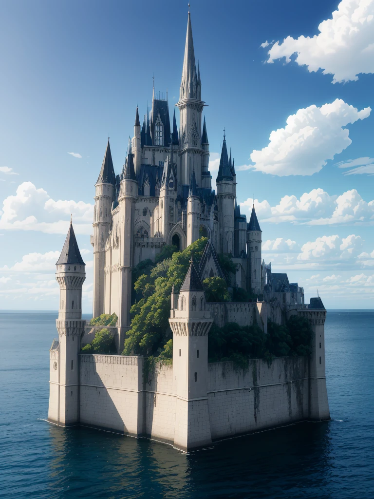 (((masterpiece、Highest image quality、highest quality、highly detailed unity 8kwallpaper)))、((A castle on a lonely island))、(Ocean)、Dock