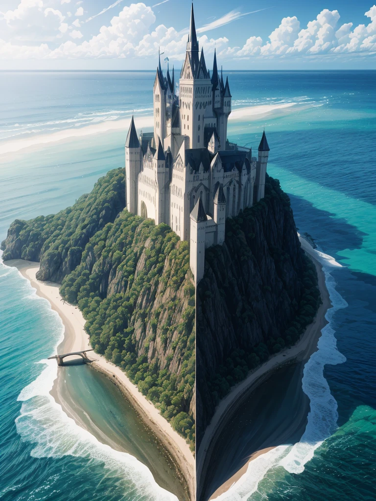 （（（masterpiece、Highest image quality、highest quality、highly detailed unity 8ｋwallpaper）））、（（A castle on a lonely island））、（Ocean）、Dock