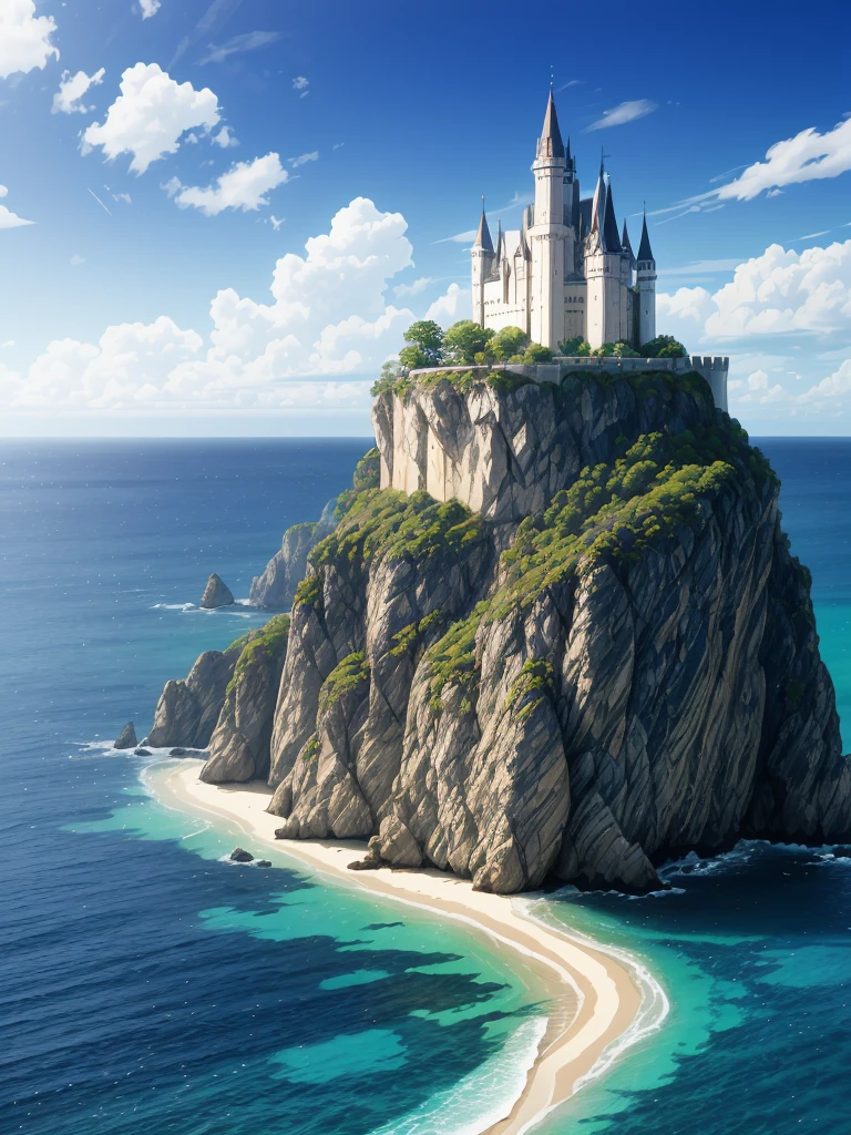 (((masterpiece、Highest image quality、highest quality、highly detailed unity 8kwallpaper)))、((A castle on a lonely island))、(Ocean)、Dock