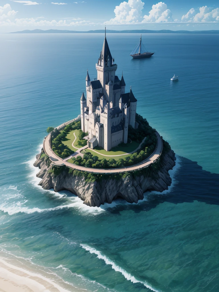 (((masterpiece、Highest image quality、highest quality、highly detailed unity 8kwallpaper)))、((A castle on a lonely island))、(Ocean)、Dock