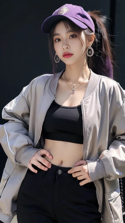 Screen description full reference copy 1girl，solo，long hair，looking at the audience，black hair，Gloves，hat，belly button，jewelry，stand，jacket，ponytail，purple hair，shooting，earrings，Open clothes，necklace，abdomen，Pants，sword，无指Gloves，necklace，taupe，character name，开放式jacket，lips，Cut the top，hands on hips，torn clothes，黑色necklace，黑色Pants，perforation，cover，Samurai sword，black background，Ear piercing，Mole under the mouth，baseball cap，jacket，环earrings，紫色jacket，Purple headwear，撕破的Pants