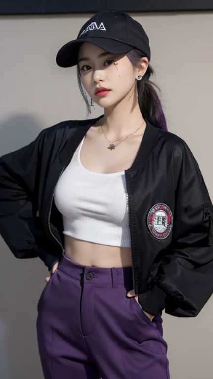 Screen description full reference copy 1girl,solo,long hair,looking at the audience,black hair,Gloves,hat,belly button,jewelry,stand,jacket,ponytail,purple hair,shooting,earrings,Open clothes,necklace,abdomen,Pants,sword,无指Gloves,necklace,taupe,character name,开放式jacket,lips,Cut the top,hands on hips,torn clothes,黑色necklace,黑色Pants,perforation,cover,Samurai sword,black background,Ear piercing,Mole under the mouth,baseball cap,jacket,环earrings,紫色jacket,Purple headwear,撕破的Pants