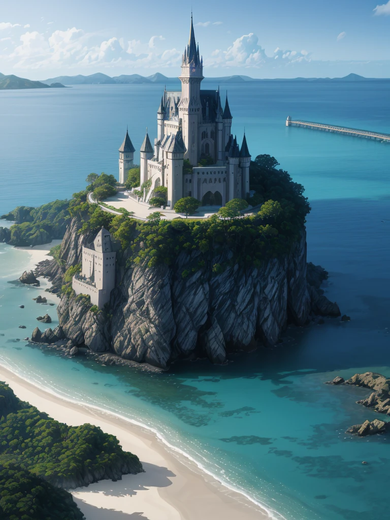 (((masterpiece、Highest image quality、highest quality、highly detailed unity 8kwallpaper)))、((A castle on a lonely island))、(Ocean)、Dock