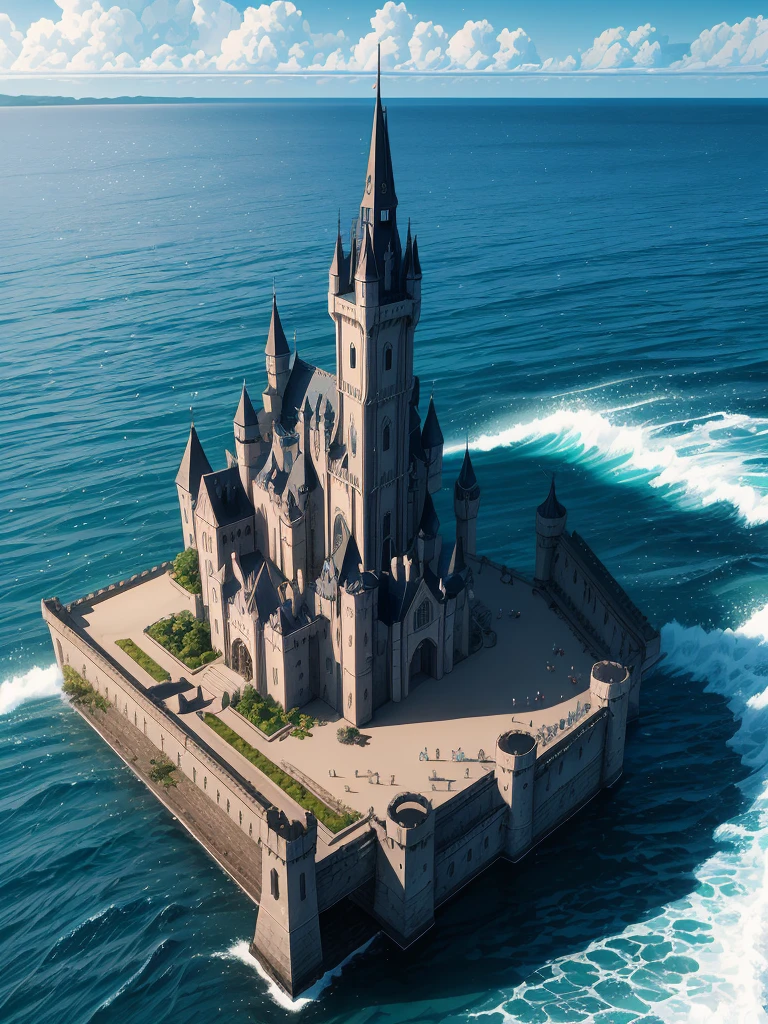 （（（masterpiece、Highest image quality、highest quality、highly detailed unity 8ｋwallpaper）））、（（A castle on a lonely island））、（Ocean）、Dock
