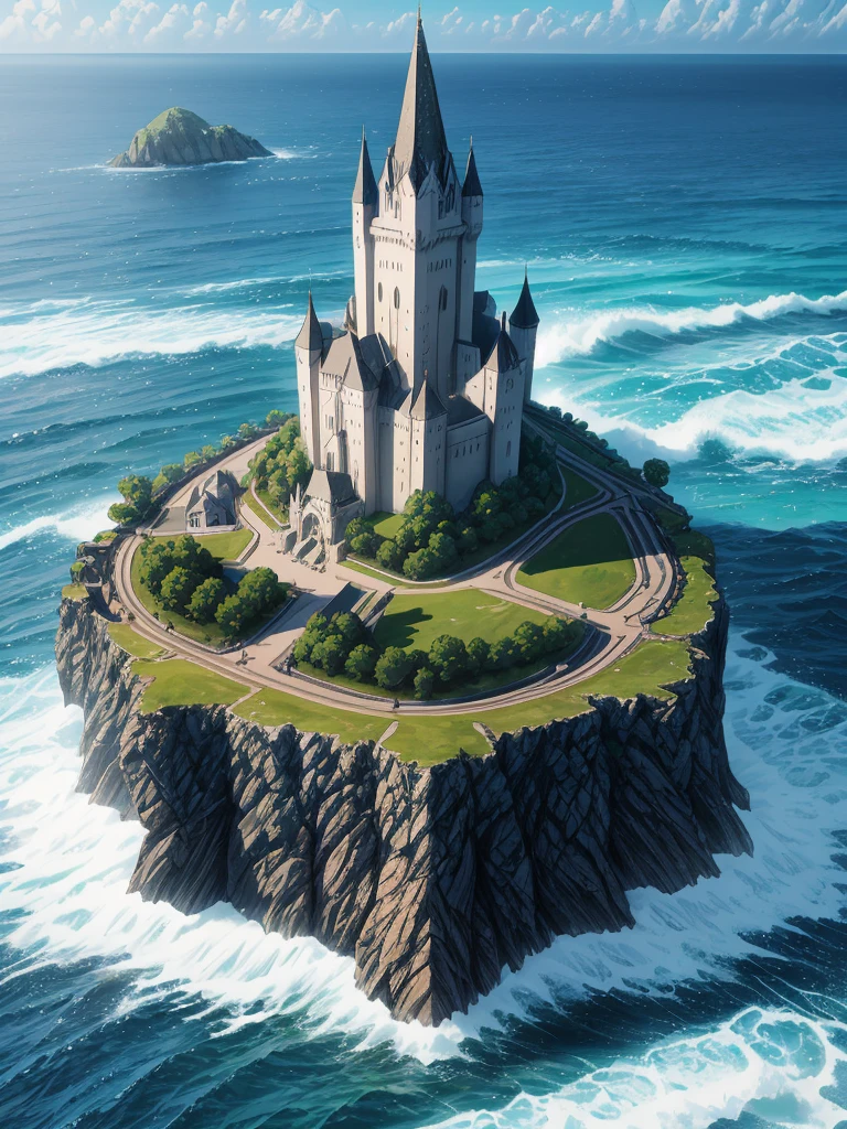 (((masterpiece、Highest image quality、highest quality、highly detailed unity 8kwallpaper)))、((A castle on a lonely island))、(Ocean)、Dock