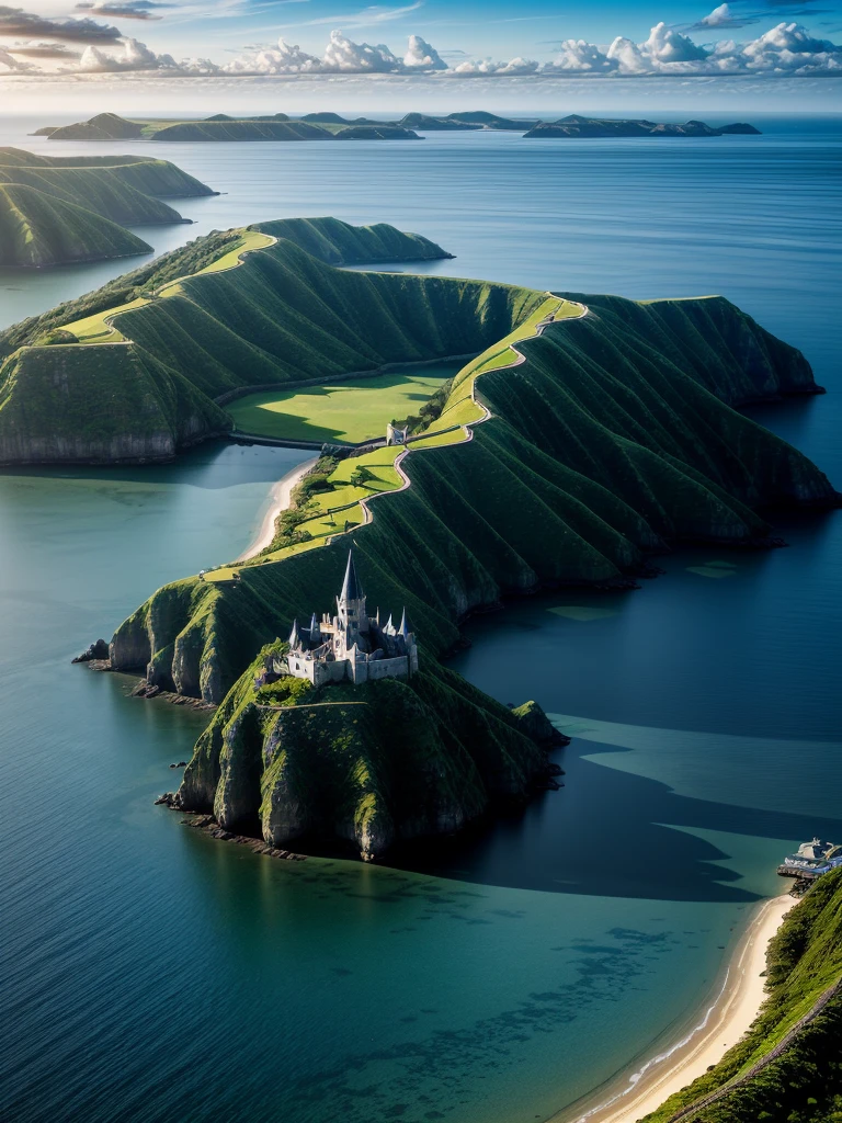 (((masterpiece、Highest image quality、highest quality、highly detailed unity 8kwallpaper)))、((A castle on a lonely island))、(Ocean)、Dock