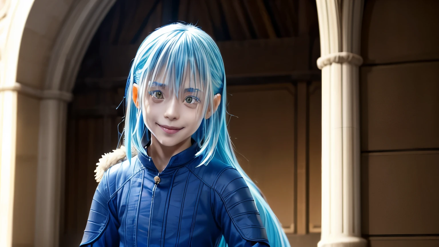 a boy, Rimuru Tempest((Tessie shitara slime datta ken)), blue hair,yellow_eyes, focus male, UHD, retina, ccurate, masterpiece, anatomically correct, textured skin, high details, super detail, high quality, award winning, best quality, highres, 1080P, photorealistic photo, ultra high res, neutral smiling face, light passig through hair,Masterpiece, wearing ,rimuru_tempest, cowboy_shot.