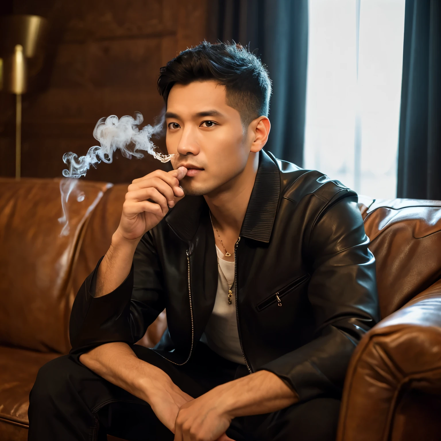 RAW photo, photography, light skin, hyperdetailed, softlight, high detail, sharp focuses, aesthetic, 8K uhd, dslr, high quality, a 40 year old Indonesian man wearing a black jacket sits on a luxurious sofa with a classic brown background. a little smoke.