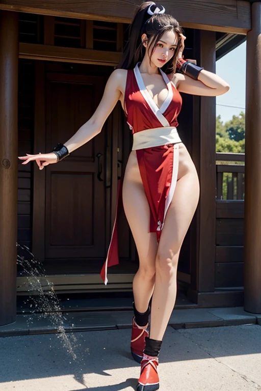 (mai shiranui:1.6), (tabi:2.0), (toe:1.2), (Full body portrait:2.0), Full body, (Realism), (masutepiece:2.0), (Best Quality), (ultra-detailliert), (8K, 4K, Convoluted), (Flat Lighting:1.2), (skinny), Prestige, Brown eyes, Long hair, brown eyes, long hair, brown hair, white ribbon, sleeveless, ponytail, sash, pelvic curtain, arm guards, gloves, tabi, fascinated expression, Sexy eyes, slim, medium breasts, Smile, Cute, view the viewer, Long hair, Close to Japan temple, (breasts focus:1.2), (Realistic:1.2), (Full Shot: 1.2), (85 mm), light Particle, Lighting, (Highly detailed:1.2), (Detailed face:1.2), (gradients), SFV, Colorful, (Detailed eyes:1.2), (Detailed temples of Japan: 1.2),(Detailed background), (Dynamic Angle:1.2), (Dynamic Pose:1.2), (Line of action:1.2), Wide Shot, Daylight, Solo.