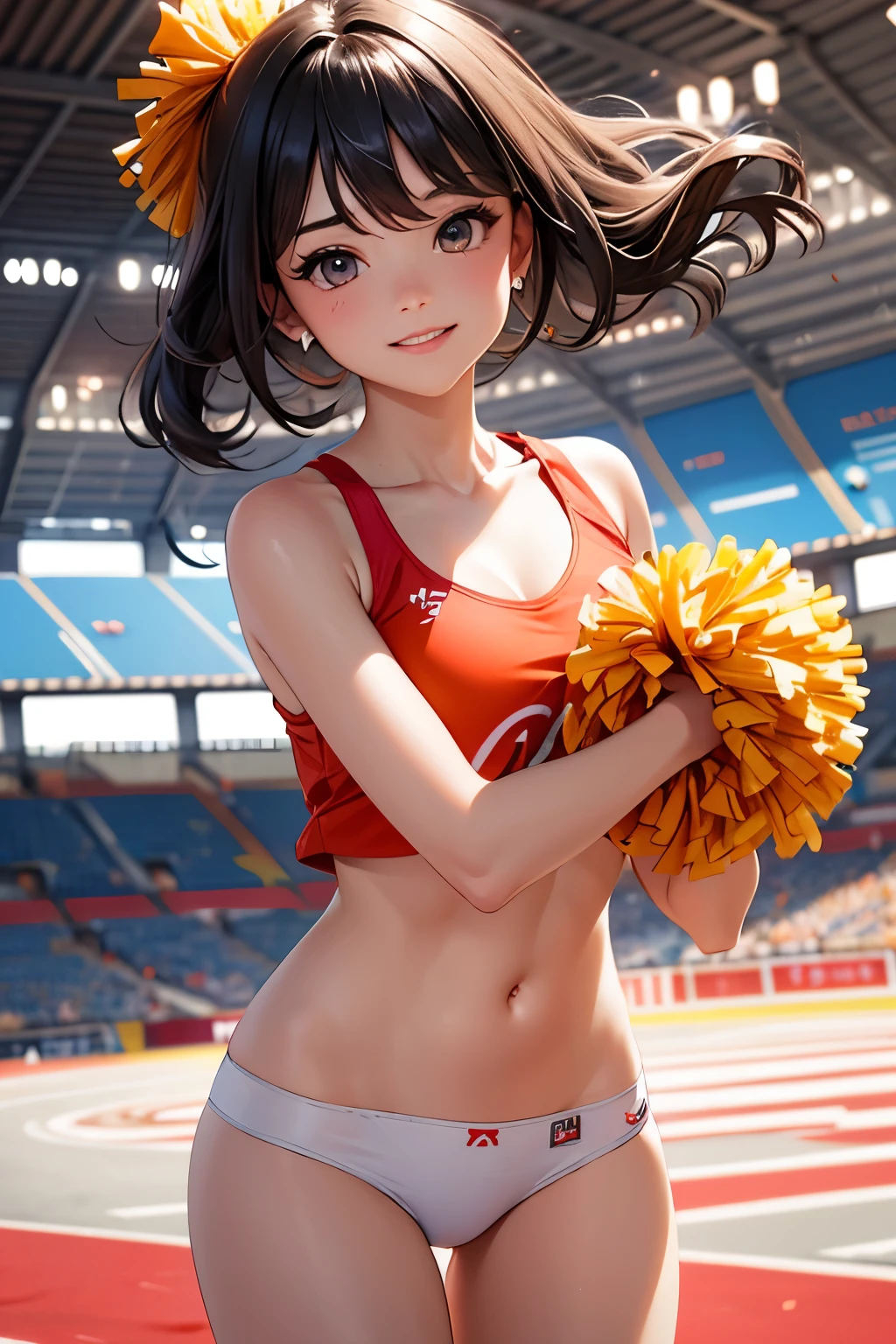 very cute and beautiful cheerleader girl,(highly detailed beautiful face and eyes),(holding pom poms:1.1),(laugh),
(stadium stands),cowboy shot,dynamic pose,(white panties),(sleeveless orange shirt),beautiful legs,looking at viewer,black hair,
(best quality,masterpiece:1.0),absurdres,highres,ultra-detailed,extremely detailed,32k,8k resolution,
intricate details,cinematic scene,detailed background,solo,dynamic angle,
hair fluttering in the wind,beautiful detailed sky,