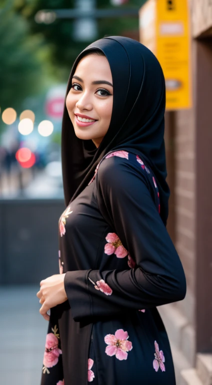 Malay girl  wear small floral black baju kurung malaysia in college, very long black hair, wavy hair, front view, detail skin, detail skin texture, mole below eyes, small breast, big hip, big waist, big thigh, slim abs, beautiful body, nighttime, laughing, happy, bright lighting, college area background, crowded college, blur background, bokeh,