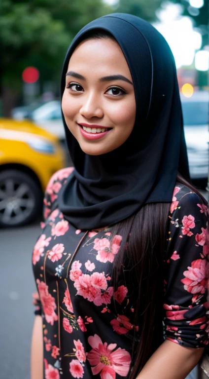 Malay girl  wear small floral black baju kurung malaysia in college, very long black hair, wavy hair, front view, detail skin, detail skin texture, mole below eyes, small breast, big hip, big waist, big thigh, slim abs, beautiful body, nighttime, laughing, happy, bright lighting, college area background, crowded college, blur background, bokeh,