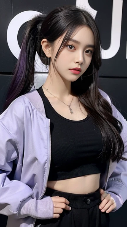Screen description full reference copy 1girl,solo,long hair,looking at the audience,black hair,Gloves,hat,belly button,jewelry,stand,jacket,ponytail,purple hair,shooting,earrings,Open clothes,necklace,abdomen,Pants,sword,无指Gloves,necklace,taupe,character name,开放式jacket,lips,Cut the top,hands on hips,torn clothes,黑色necklace,黑色Pants,perforation,cover,Samurai sword,black background,Ear piercing,Mole under the mouth,baseball cap,jacket,环earrings,紫色jacket,Purple headwear,撕破的Pants