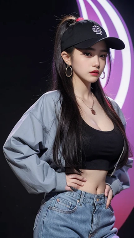 Screen description full reference copy 1girl,solo,long hair,looking at the audience,black hair,Gloves,hat,belly button,jewelry,stand,jacket,ponytail,purple hair,shooting,earrings,Open clothes,necklace,abdomen,Pants,sword,无指Gloves,necklace,taupe,character name,开放式jacket,lips,Cut the top,hands on hips,torn clothes,黑色necklace,黑色Pants,perforation,cover,Samurai sword,black background,Ear piercing,Mole under the mouth,baseball cap,jacket,环earrings,紫色jacket,Purple headwear,撕破的Pants