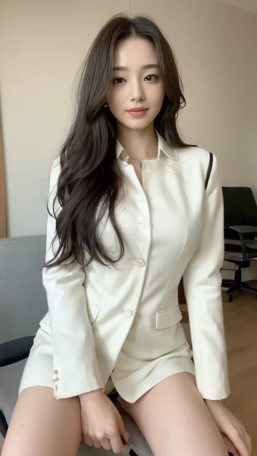 ((top-quality、8k、masterpiece:1.3))、Beautiful woman with perfect body:1.4、slim abdomen:1.2、Longhair, normal breast, Highly detailed facial and skin texture, A detailed eye, delicate eyes, (smile), (full body shot), ((office)), (sitting on chair), (((wearing white uniform, black coats))), looking in front
