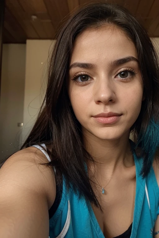 1 garota, 23 anos, cabelo azul, olhos castanhos claros, pequena pinta na bochecha direita, pele clara, brasileira