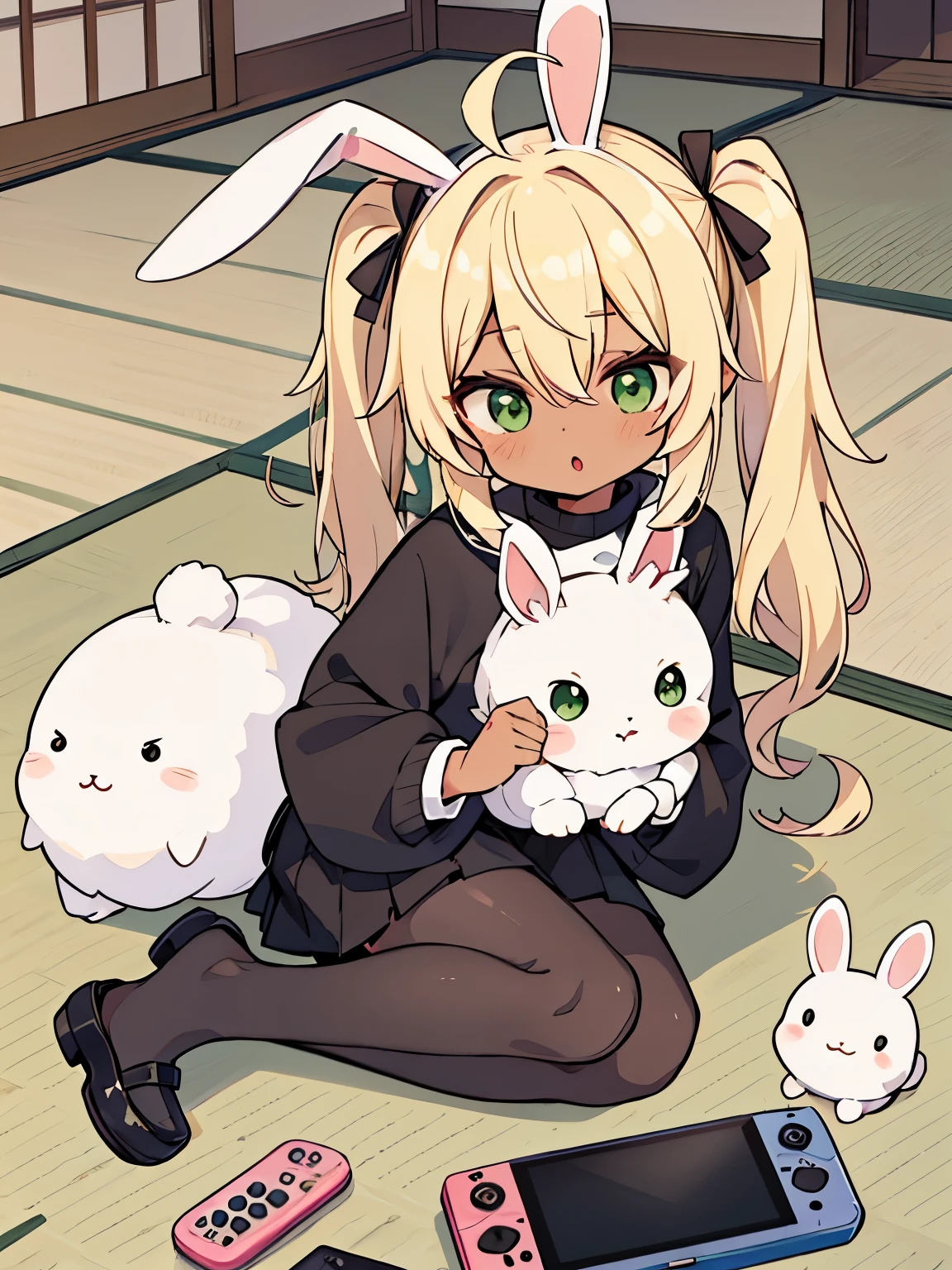 cute, tatami, blonde, Ahoge, green eyes, brown skin, rabbit ears,Rabbit, twin tails, black turtleneck and white skirt, portable game console, It's rolling around, I'm playing a game, Tsundere, たくさんのRabbit, Deformed
