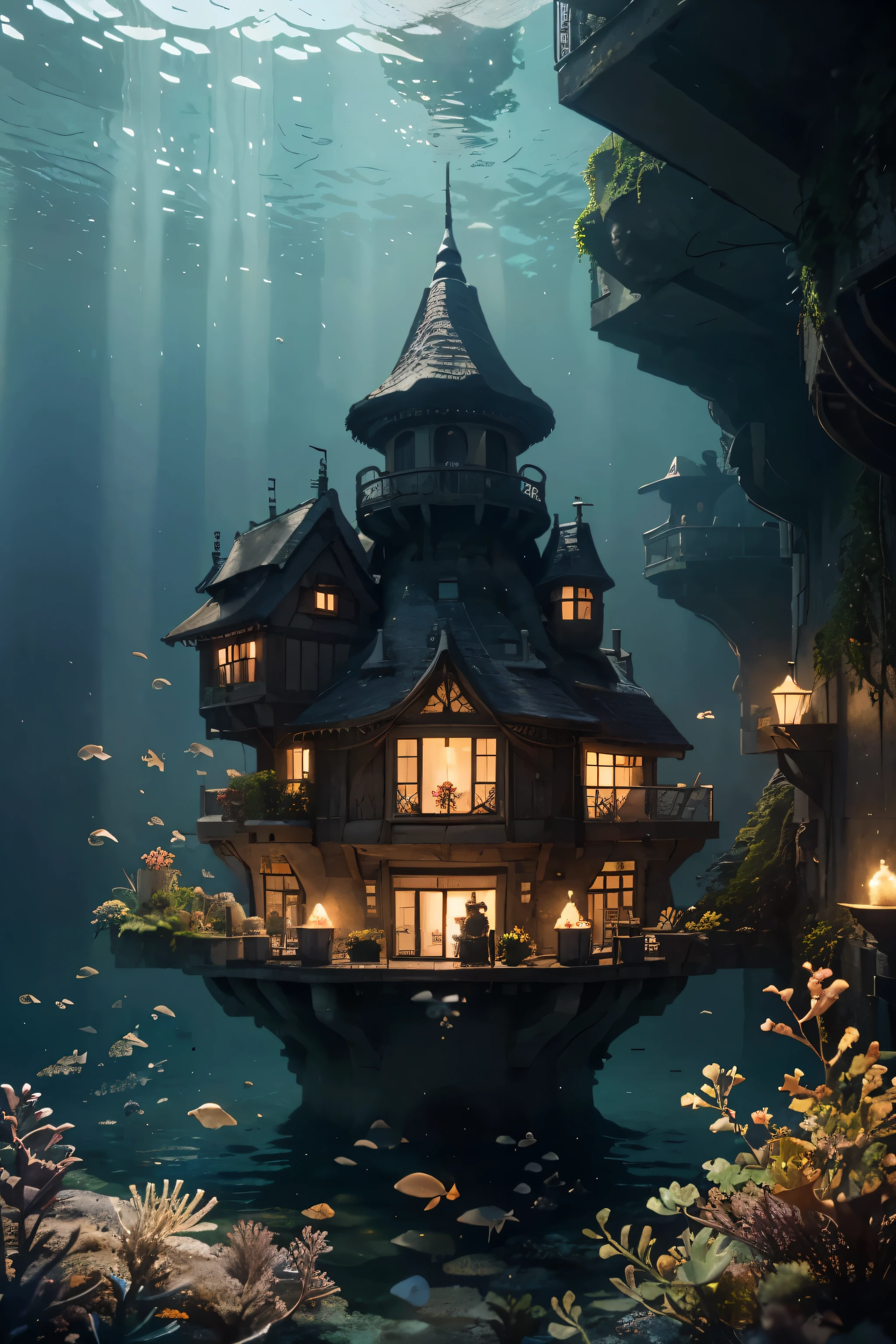 Colonsie: 1.2), (Style Hayao Miyazaki), (bâtiment irrégulier flottant sous la mer), Cottages en patchwork, Décorations en mousse, corail, lumières, concept art inspiré par Andreas Rocha, Gagnant du concours Artstation, Art fantastique, (ville sous-marine), Ross Tran, puits de lumière, éclairage réaliste, chef-d&#39;œuvre, haute qualité, beaux graphismes, détail élevé, chef-d&#39;œuvre, haute qualité, beaux graphismes, détail élevé,