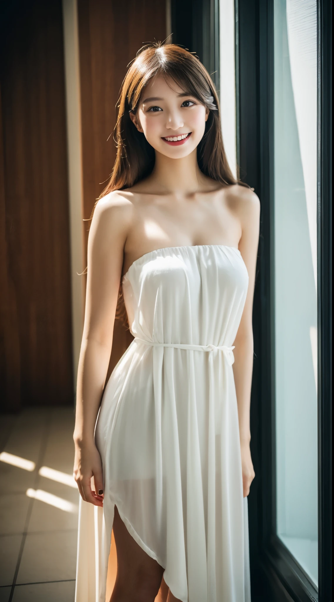 ulzzang-6500-v1.1, (RAW photo:1.2), (realistic), beautiful detailed girl, (genuine: 1.4), Formal wear, strapless long dress, The material of the long dress is satin, shiny and、It is soft and smooth to the touch., タイトなstrapless long dress, No underwear is worn, The target audience is one person, Photographed indoors in bright light, 22 year old elegant young lady、(very affectionate smile:1.3)、 ((full body shot:1.5))、Are standing、exposed thighs!!!
