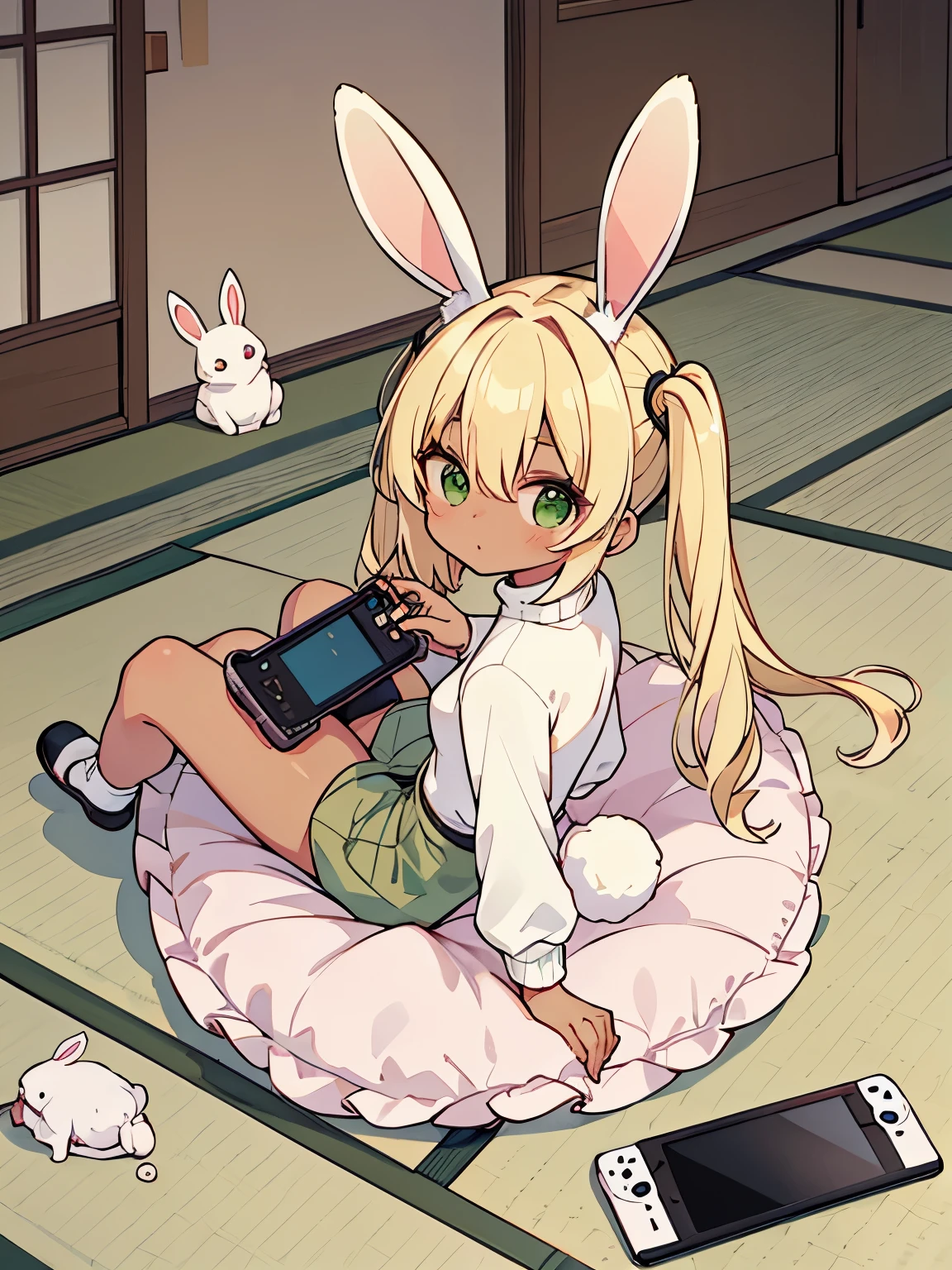 cute, tatami, blonde, green eyes, brown skin, rabbit ears,Rabbit, twin tails, turtleneck, long skirt, portable game console, It's rolling around, I'm playing a game, Tsundere, たくさんのRabbit, Deformed