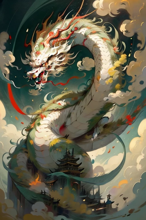 Best quality at best,tmasterpiece,超高分辨率,without humans,(The long:1.2),without humans,red eyes,horn,Huge body,with her mouth open,Skysky,Fang,Yellow-green Chinese dragon,surrounded by cloud,teeth,dragon claw,flight,Better flight attitude form,rich details,Intricate Painting,The style is Chinese Dunhuang painting