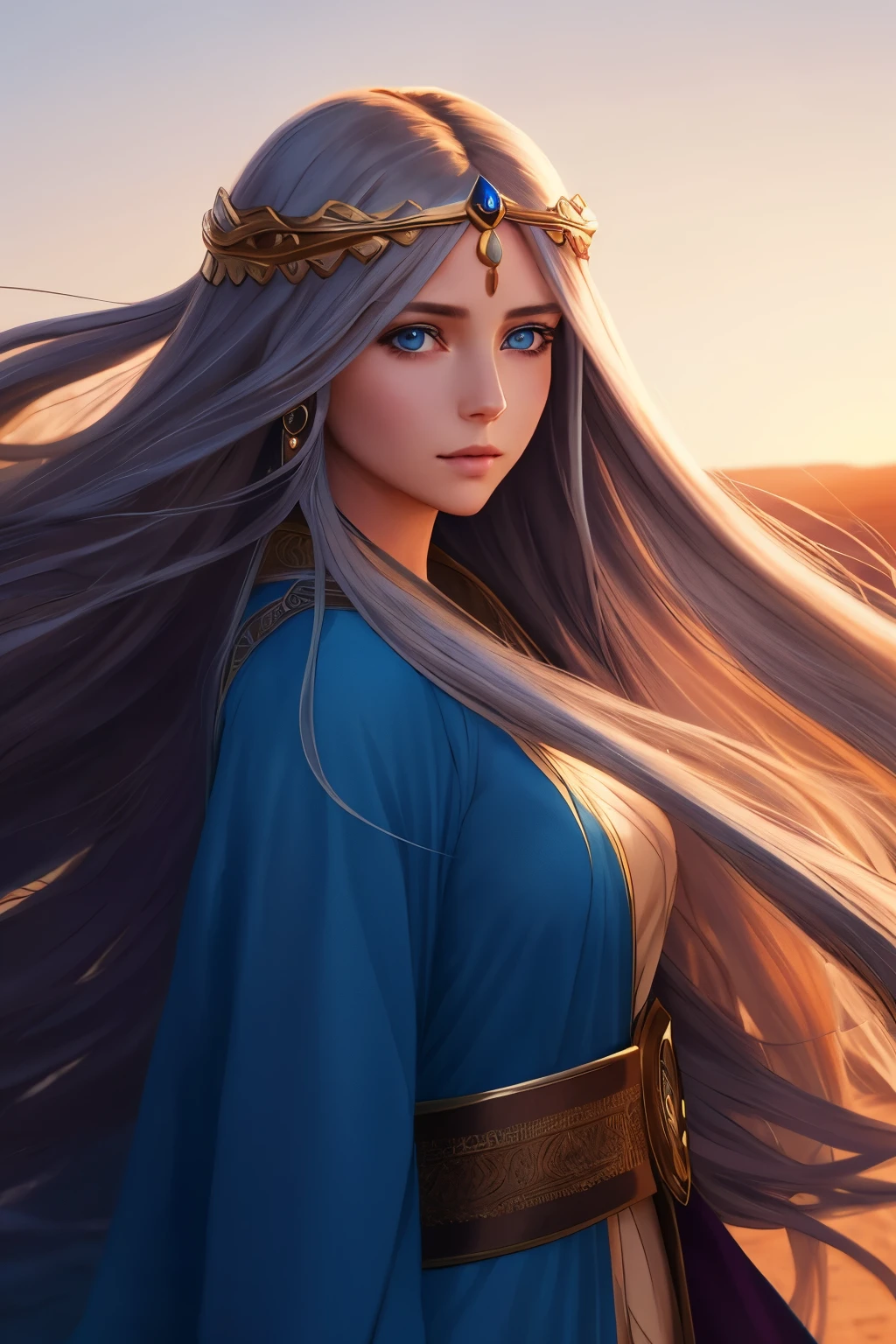 a woman with long hair and blue eyes standing in the desert, girl with long hair, long hair girl, appealing long hair, anime girl with long hair, beautiful fantasy art portrait, fantasy art style, flowing long hair, flowing hair and long robes, flowing hair, with long hair and piercing eyes, beautiful flowing hair, glowing flowing hair, girl with super long hair