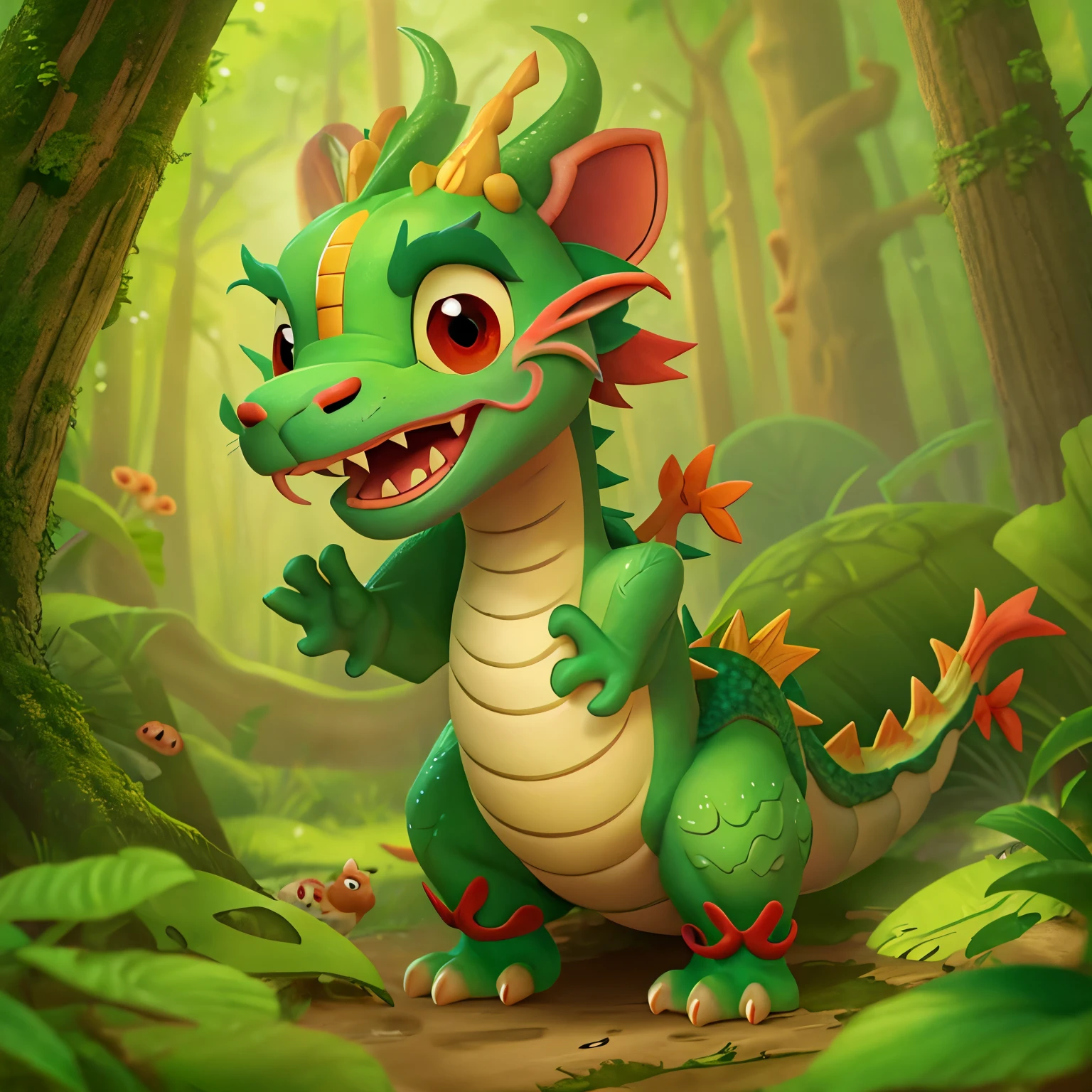 one cute Chinese dragon, friendly, in the forest, Disney Pixar style