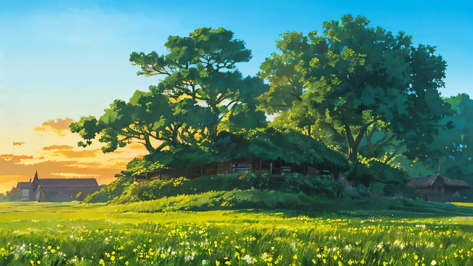 Golden hour outdoor
Background Ghibli style village,
(Fujifilm 16K) ,surreal, Complex detail, Auto Level, dark, art nouveau, dramatic, low saturation, (Huge), Complex (disorganized, cinematic, UHD, taller than, Super detailed, Super detailed), blue sky, clouds on the sky, Green field, city, (Midl's big tree), sunset, Super detailed city, Super detailed flower field, Super detailed tree