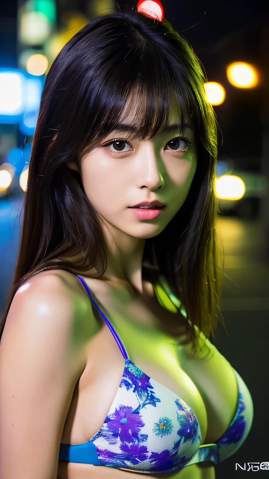(half body shot), hyper realism, (Photoreal:1.4), 8K, maximum resolution, (masterpiece), very detailed, highest quality, sophisticated facial features, The most beautiful woman in Japan, Detailed beautiful eyes and lips, Canon R5 50mm, Nogizaka, (japanese idol:1.3), big breasts, bikini, With confidence, city alley at night, neon light,