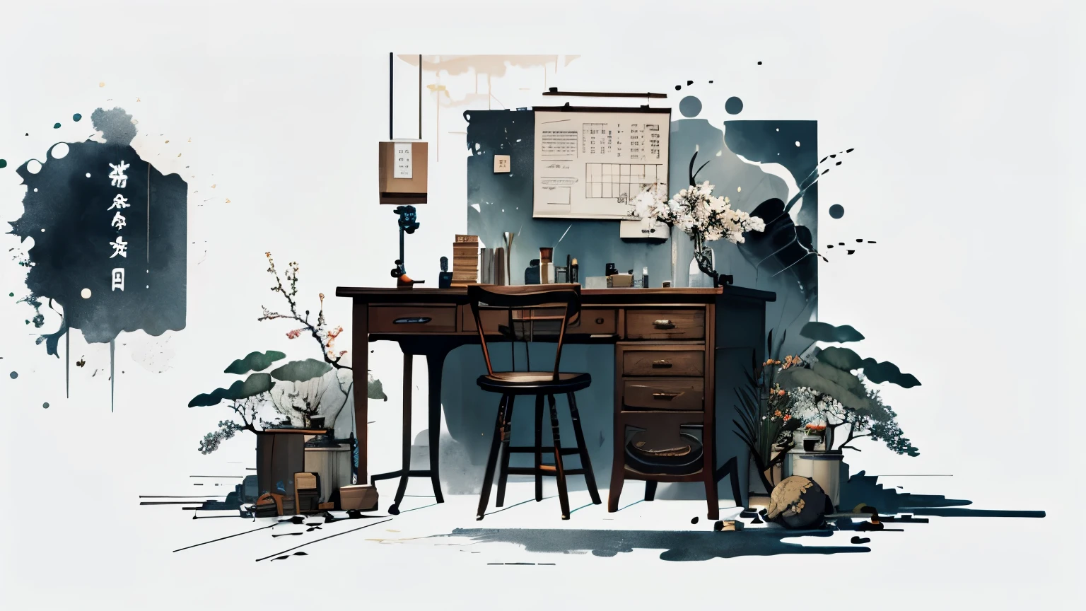 illustration of laboratory, ink smudges, painted aesthetic, science, biology, life, equations, chemicals, beakers, realistic, interior, equipment, insane detail, high quality, extremely detailed, desk, rulers, tools, ink smudges, inky, abstract, Chinese aesthetic, Absurd, high resolution, ultra-detailed,