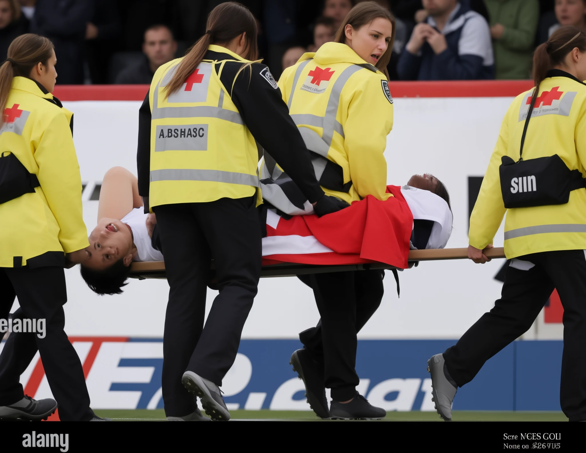 a soccer scene in a sports stadium, cool and wet weather conditions, humide ground, rainy sky, injury scene in a sports stadium, stretcher carry, there are four female medics carrying a stretcher, there are four female medics in very shiny coats who are carrying a stretcher in a sports stadium, there is a wounded male soccer player in a matte short cotton sports outfit lying on the stretcher, an injured male soccer player in matte cotton sportswear is lying in pain on a stretcher, a soccer player in matte cotton sports clothes is rearing up in intense pain while lying on a stretcher, dramatic scene, theatralic posing scene, dramatic pity scene, injury soccer, first aid, help, pity, there are four female medics in wetlook high-shine coats who are looking very sad and very terrified and very shocked, the injured soccer player is screaming out in pain while he is carried from the pitch on a stretcher 