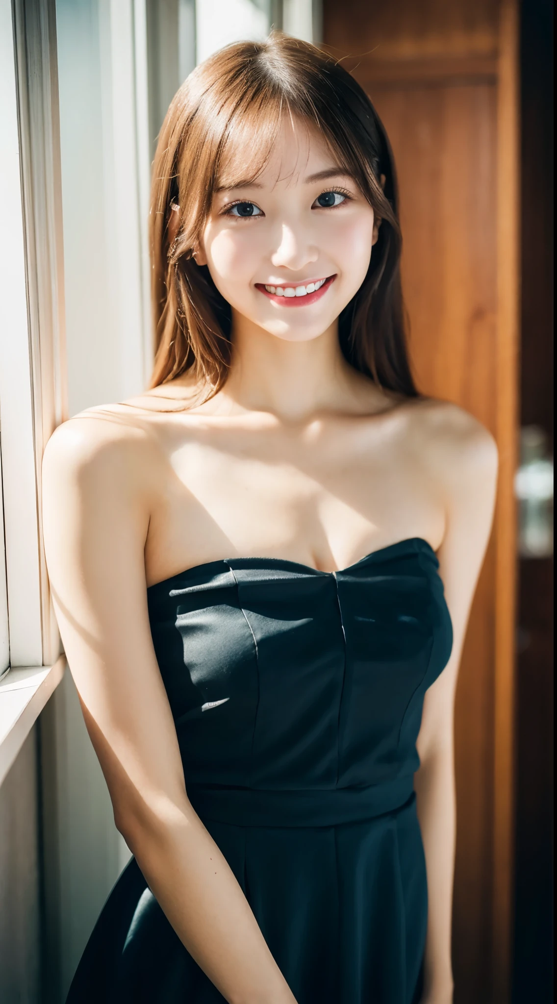 A woman in a black dress posing for a picture by a window - SeaArt AI