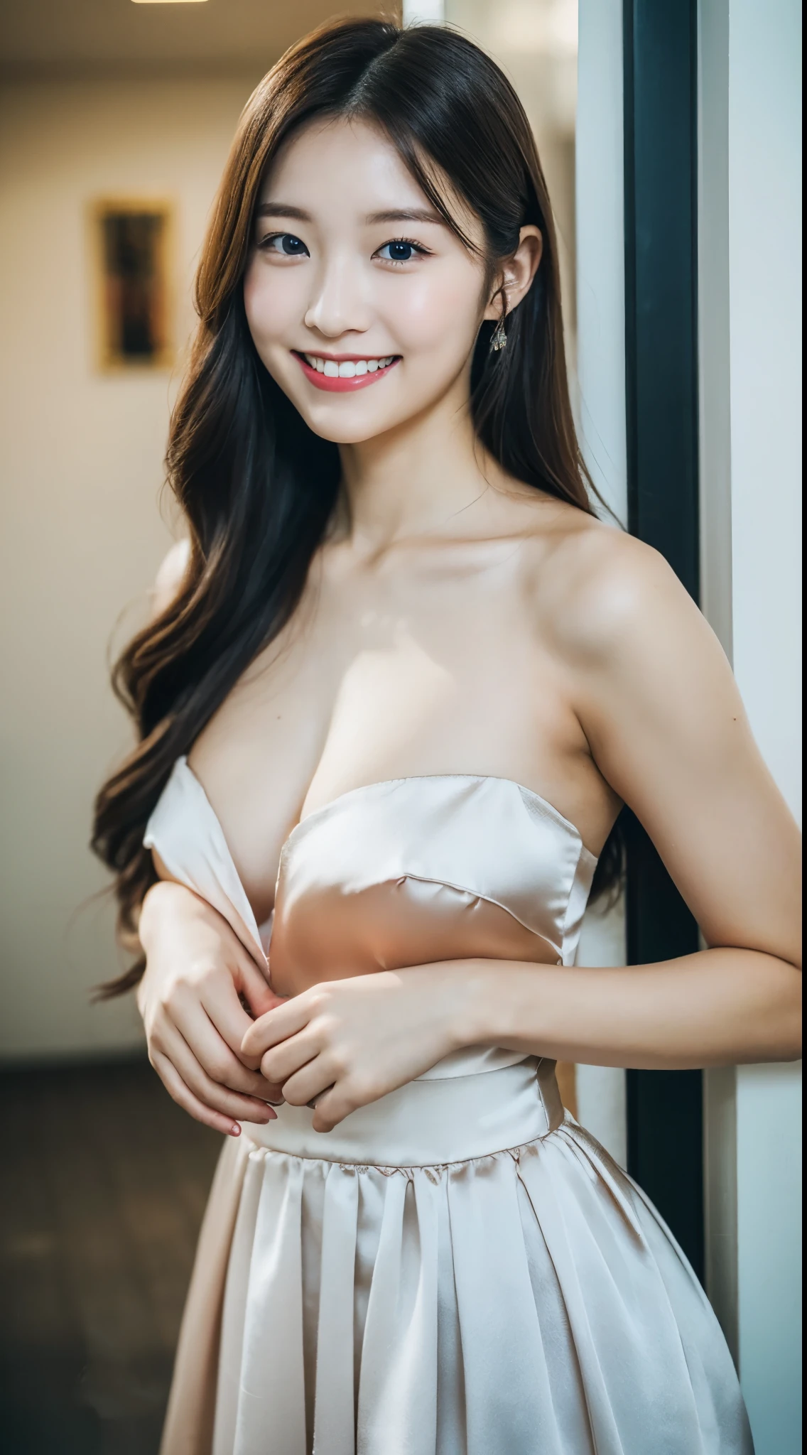 ulzzang-6500-v1.1, (RAW photo:1.2), (realistic), beautiful detailed girl, (genuine: 1.4), Formal wear, strapless long dress, The material of the long dress is satin, shiny and、It is soft and smooth to the touch., タイトなstrapless long dress, No underwear is worn, The target audience is one person, Photographed indoors in bright light, 22 year old elegant young lady、(very affectionate smile:1.3)、
