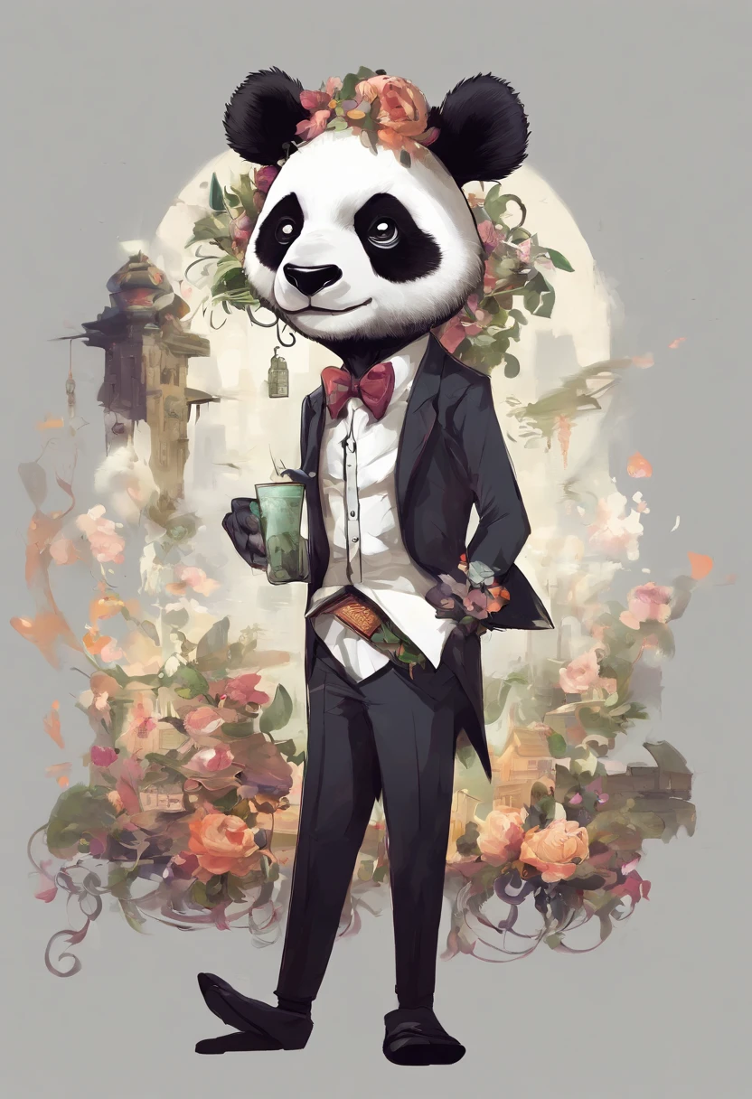 anthropomorphic panda, de cuerpo entero, vestido formalmente con un blazer, sostiene una bandeja, pegatina de panda, sticker de panda.