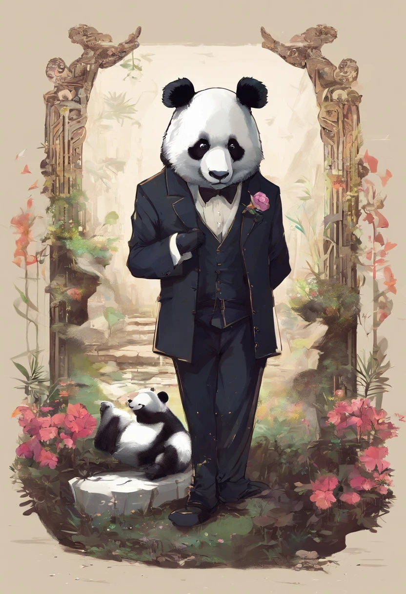 anthropomorphic panda, de cuerpo entero, vestido formalmente con un blazer, sostiene una bandeja, pegatina de panda, sticker de panda.