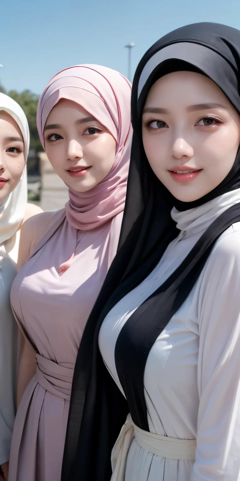 masutepiece, Best Quality, Illustration, Highly detailed, fine detail, high resolution, 8K Wallpaper, Perfect dynamic composition, Many people in hijab, many people's hijab, (three girls in hijab nude body taking front camera photo), many people, Detail of beautiful eyes, Natural Lips , Smiling lips,(Lips laughed lightly), Hand details, (perfect fingers, no defects), Wearing a Muslim hijab, Muslim gamis clothes, luxurious jubba thobbe, view of the blue sky, sunlight, close-up photo, (three girls wearing hijabs taking photos holding the front camera, nude body), lots of people wearing hijabs, girls taking photos, showing your big breasts, people wearing hijabs, all the girls holding front cameras