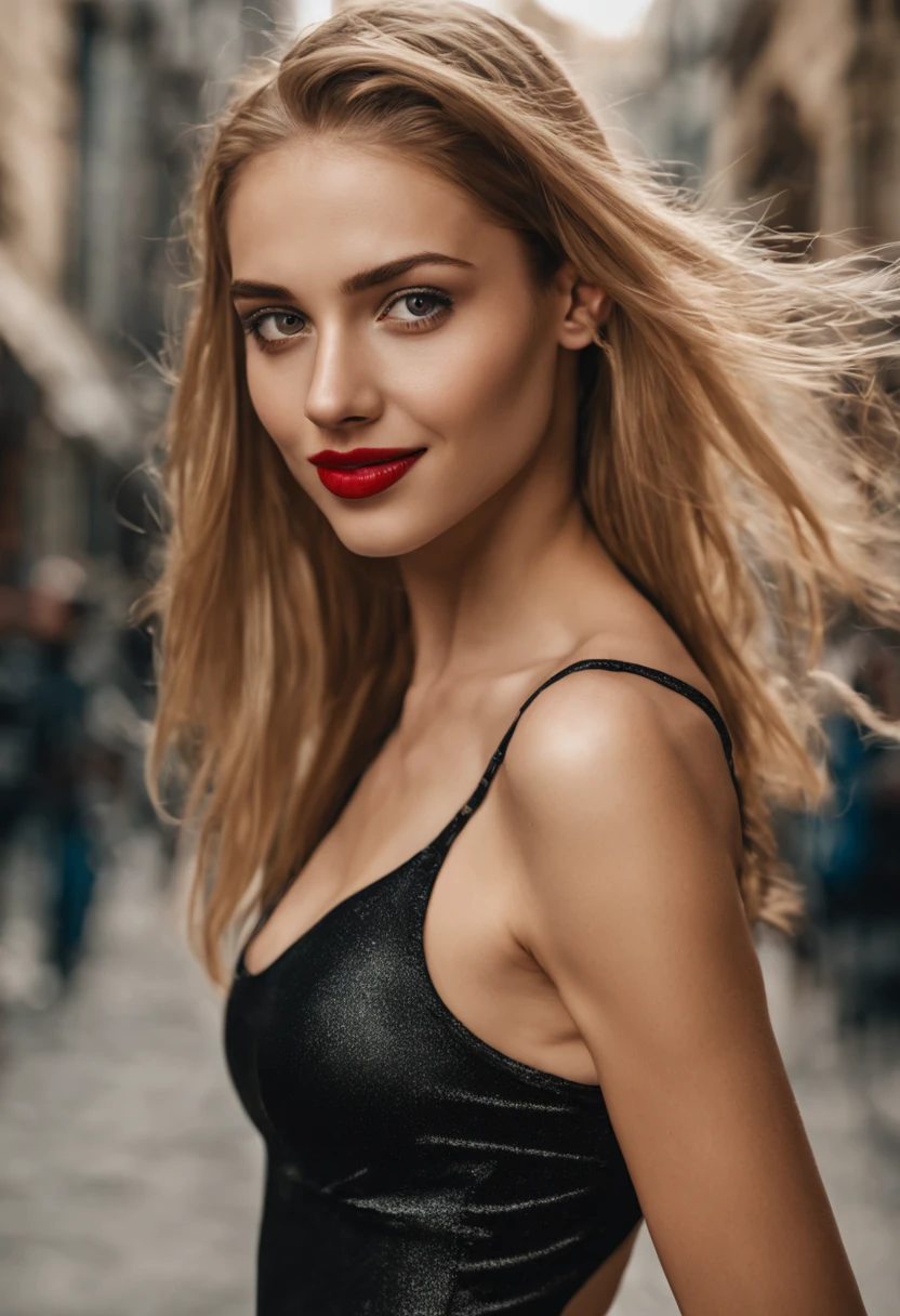 ultrarealistic high quality photo of a beautiful young tall busty european teen girl with cute face and natural blonde long hair and beautiful embarrassed smile, realistic eyes, freckles, glossy red lips, smokey eyes makeup, wearing shiny metallic black spandex swimsuit , full body side view street photography,