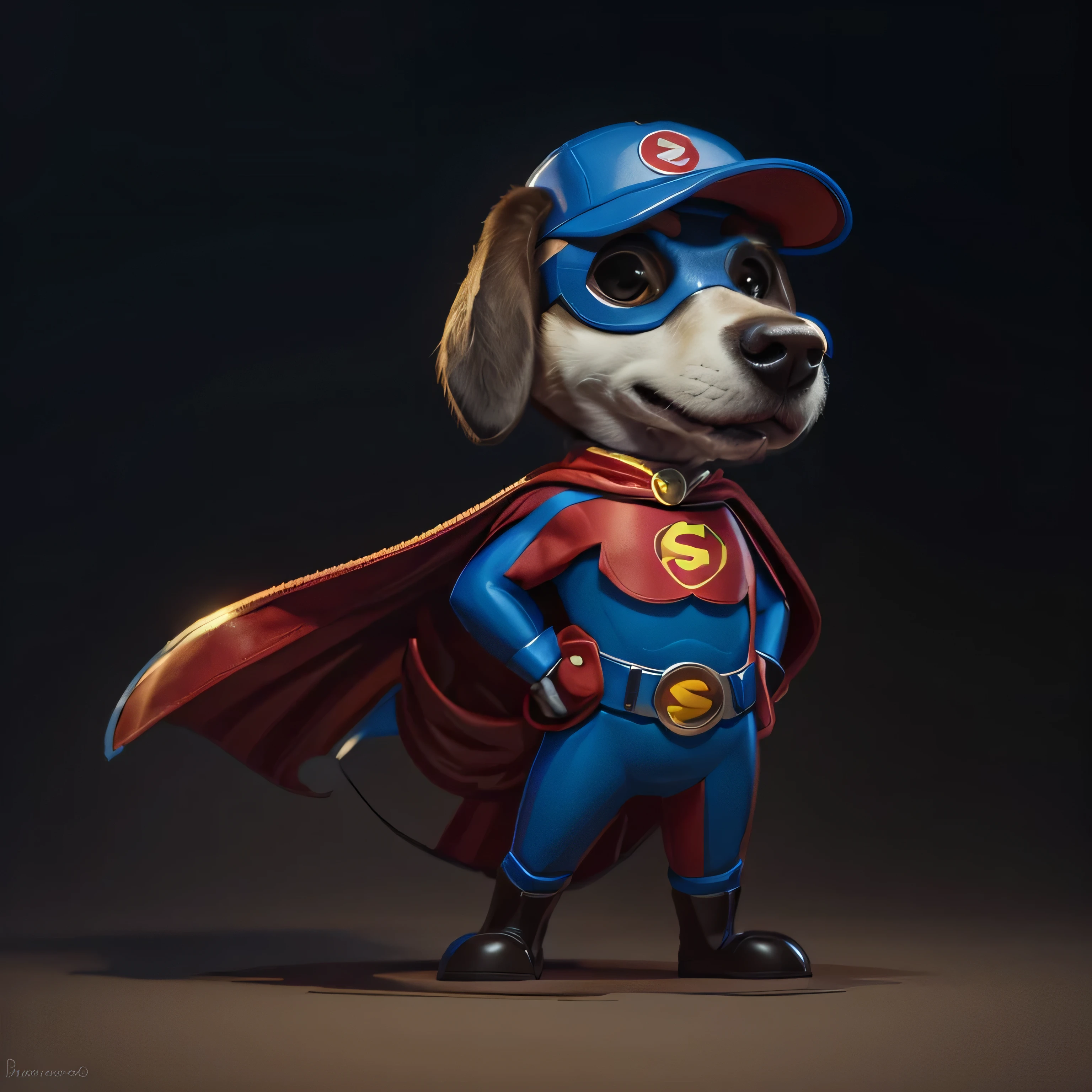 Create an illustration of a dog dressed as a hero with a red cape and blue clothes, no estilo de desenhos da pixar, pintado digitalmente, cute dog painting, imagem digital, desenho 3d, por Matthew Smith, desenho de uma linda, Bela, Looking at the camera, adult dog.