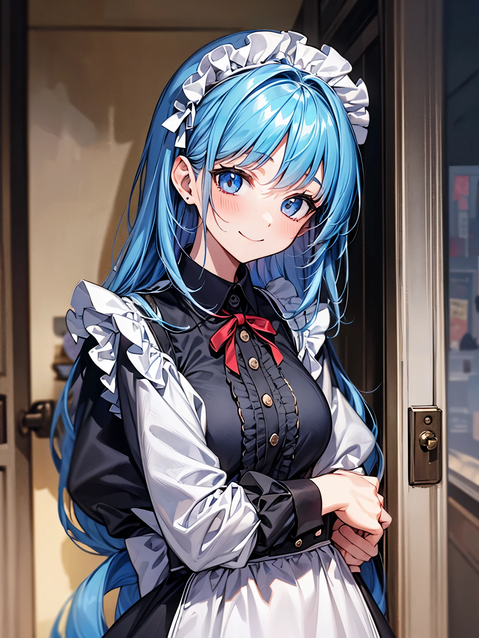 A girl wearing a maid outfit is smiling cutely at the entrance of the apartment.、blue hair、Hair color with colorful inner layer、