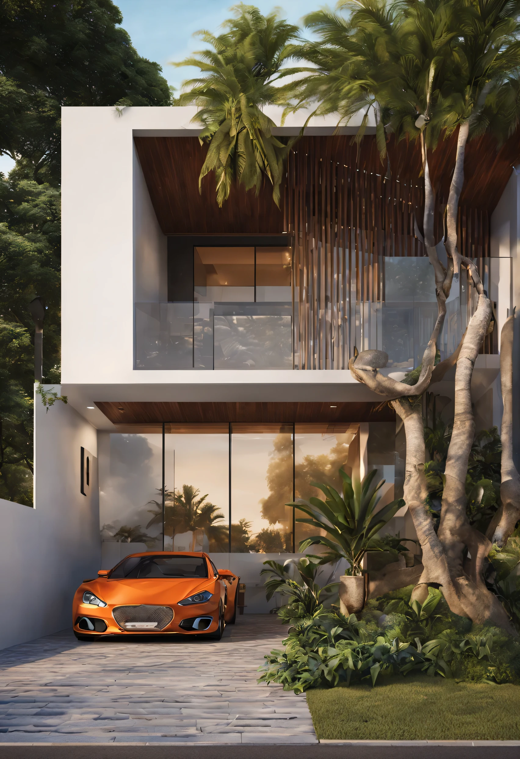 Produce a 3D image that represents a large single-story house with modern architecture, com detalhes de paisagismo, incluindo um gramado bem cuidado, a stylized coconut tree and lighting that simulates cinema effects. The house should have a contemporary design, with many glass elements to provide a modern and visually striking aesthetic. Be sure to include a garage with a parked car and a path leading to the main entrance of the house, alinhada com a rua asfaltada, highlighting the main facade of the residence. The representation must emphasize the presence of the house in its entirety, com a rua, the sidewalk and asphalt visible to provide a realistic and contemporary context.