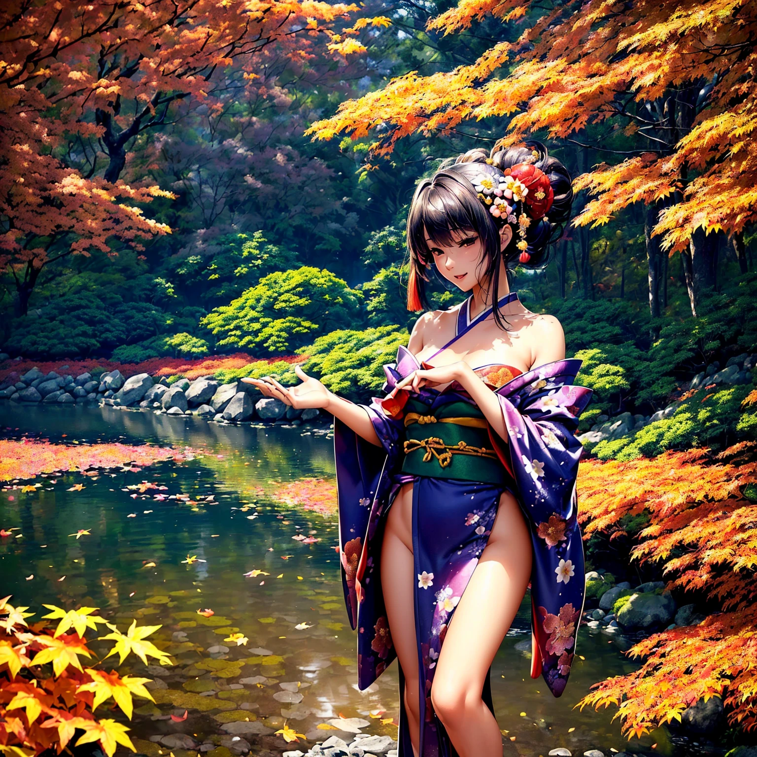 (((highest quality、masterpiece、very high resolution、highly detailed images、detailed details)))、(A woman of perfect and ultimate beauty:18-year-old, beautiful body、beautiful face、beautiful hair,bright smile)、(Slender and beautiful body, best skin and hair texture)、(((japanese kimono:Beautiful, floral and colorful,shoulders are exposed,I can see my thighs))),((Japanese garden:Beautiful autumn leaves,mysterious night sky,natural light,beautiful scenery,beautiful scenery,Beautiful colors)),(beautiful pose,model shoot,Hair flutters under the influence of the wind),bijinga、Overall image、accurate image、accurate anatomy、Image without defects,(best shot,RAW photo:1.2)