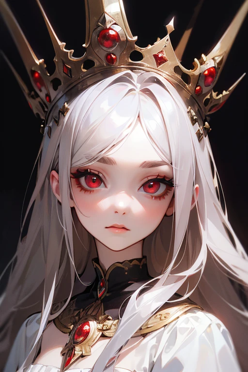 (highest quality, masterpiece:1.2), High resolution, Super detailed, realistic:1.37, fantasy, An illustration, red eyes, Queen, white dress.Platinum decoration、beautifully、Eyeshadow Red、eyebrows are dark、lashes are long、Pupils are black