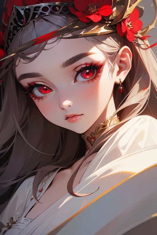 (highest quality, masterpiece:1.2), High resolution, Super detailed, realistic:1.37, fantasy, An illustration, red eyes, Queen, white dress.Platinum decoration、beautifully、Eyeshadow Red、eyebrows are dark、lashes are long、Pupils are black
