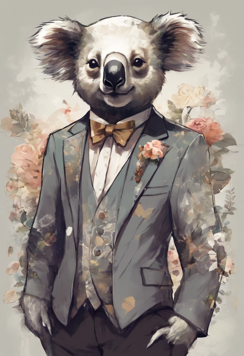 anthropomorphic koala, de cuerpo entero, vestido formalmente con un blazer, sostiene una bandeja, pegatina de panda, sticker de panda.