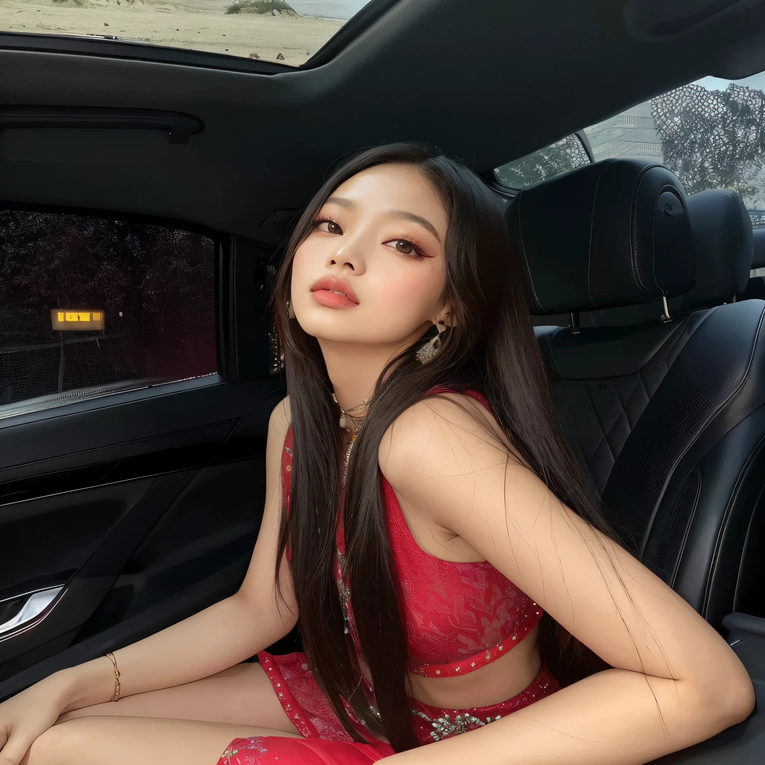 Araffe sentado em um carro com um vestido vermelho em, jennie blackpink, jossi do blackpink, Heonhwa Choe, parque roseanne de blackpink, Jisoo do Blackpink, com cabelo comprido, Jisoo do Blackpink, sentada no carro dela, asian girl com cabelo comprido, linda jovem coreana, linda mulher sul-coreana, gongbi,  coreana, Sha Xi