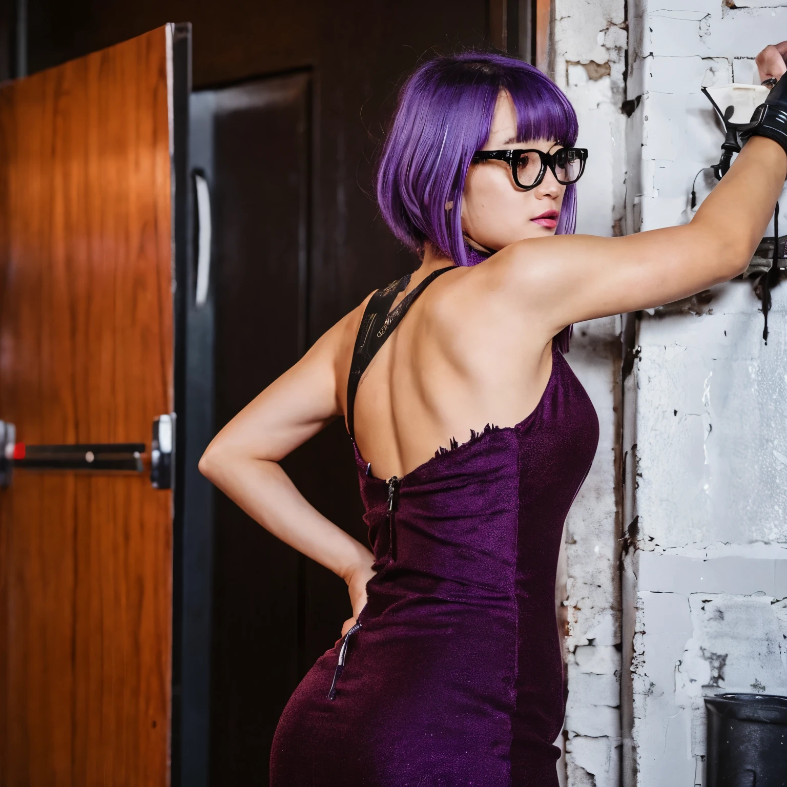 A girl, purple hair, wearing a red glasses, standing with a black drees revealing back, stand in front of a door