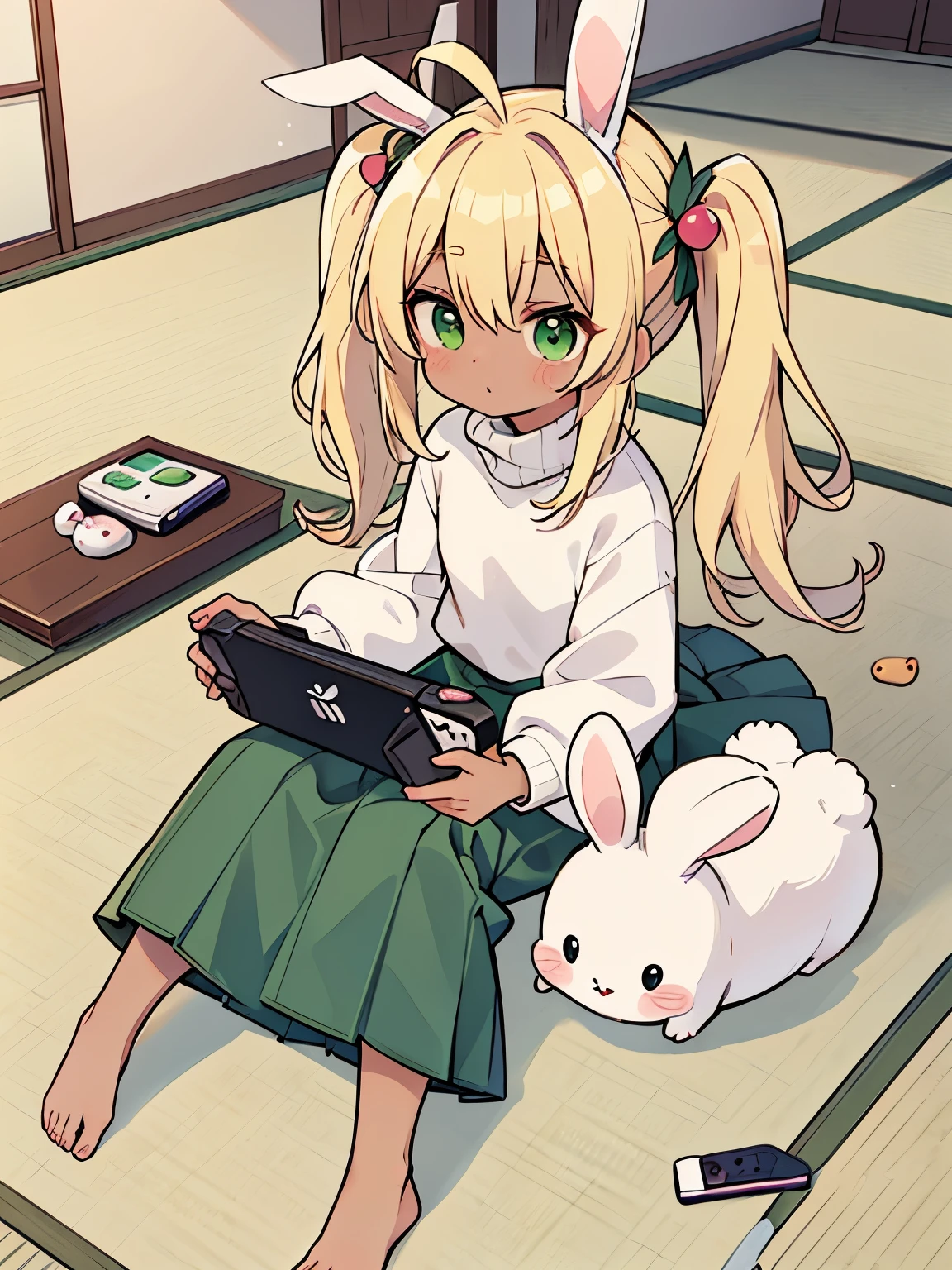 cute, tatami, blonde, Ahoge, green eyes, brown skin, rabbit ears,Rabbit, twin tails, turtleneck, long skirt, portable game console, It's rolling around, I'm playing a game, Tsundere, たくさんのRabbit, Deformed